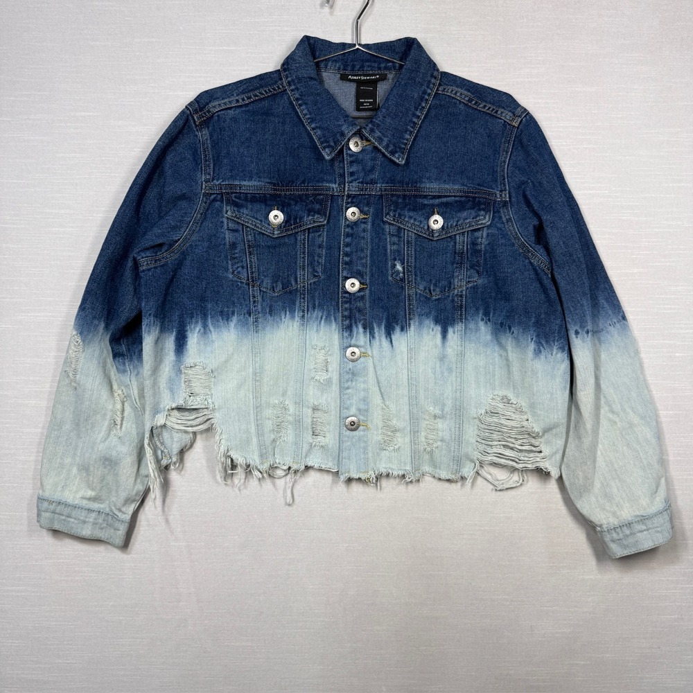 Ashley Stewart Distressed Denim Jacket Womens 14/16 Dark Blue Cropped Colorblock